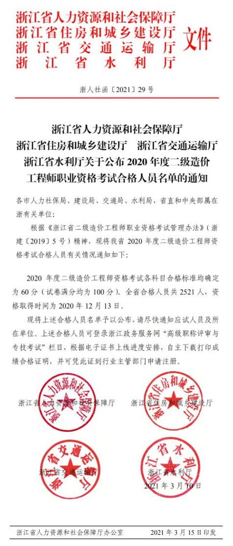 環(huán)球網(wǎng)校2020年浙江省二級造價工程師成績合格人員共2521人