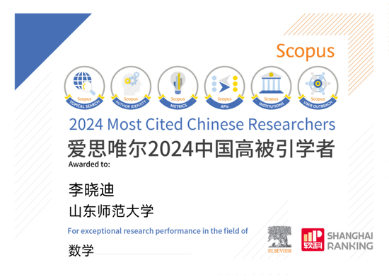 2024年李曉迪教授高被引證書